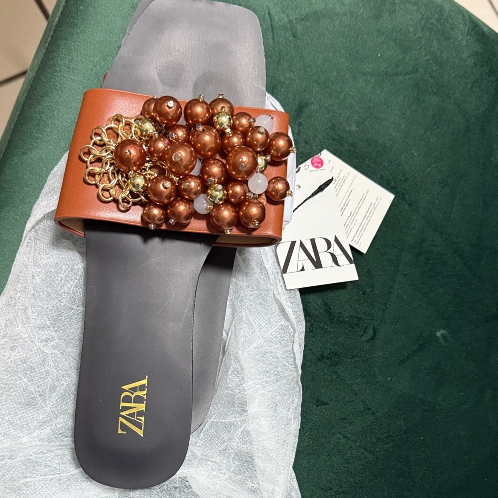 ZARA Copper Beaded Slide Sandals